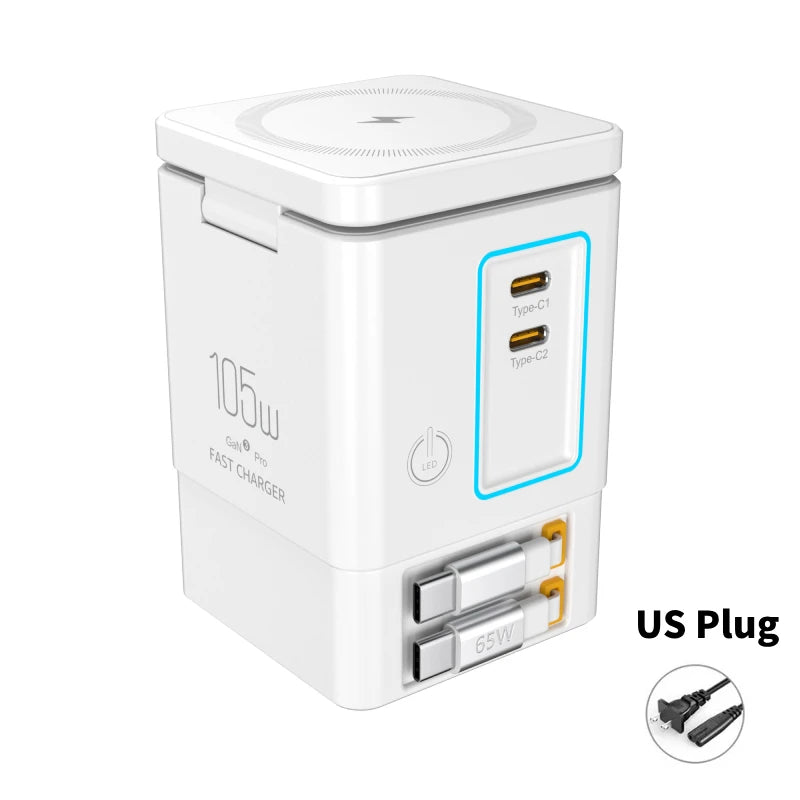 Experience Ultimate Convenience with the Gan 6-in-1 105W Magnetic Wireless Charger Stand - Fast Charge Your iPhone 16, 15, 14, 13, and AirPods Effortlessly!