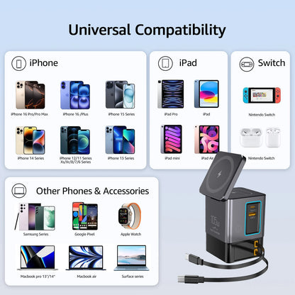 Experience Ultimate Convenience with the Gan 6-in-1 105W Magnetic Wireless Charger Stand - Fast Charge Your iPhone 16, 15, 14, 13, and AirPods Effortlessly!